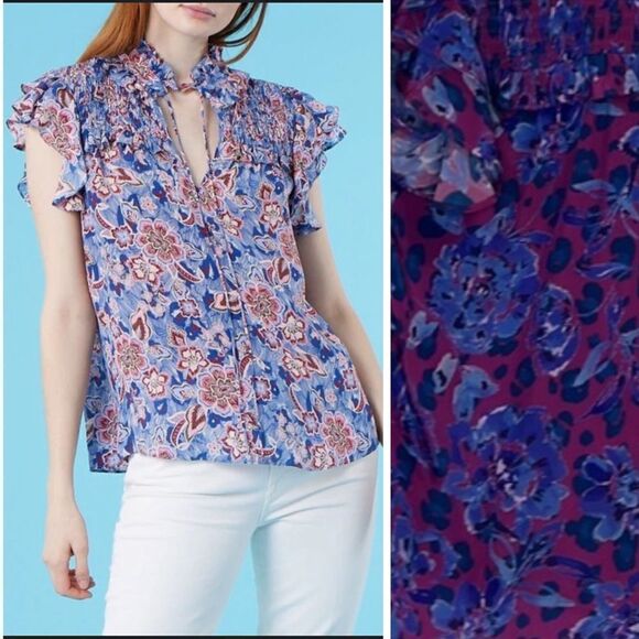 Gilner Farrar Sienna Blouse Flutter Sleeve Blouse Blue/Purple XS New - Picture 1 of 12